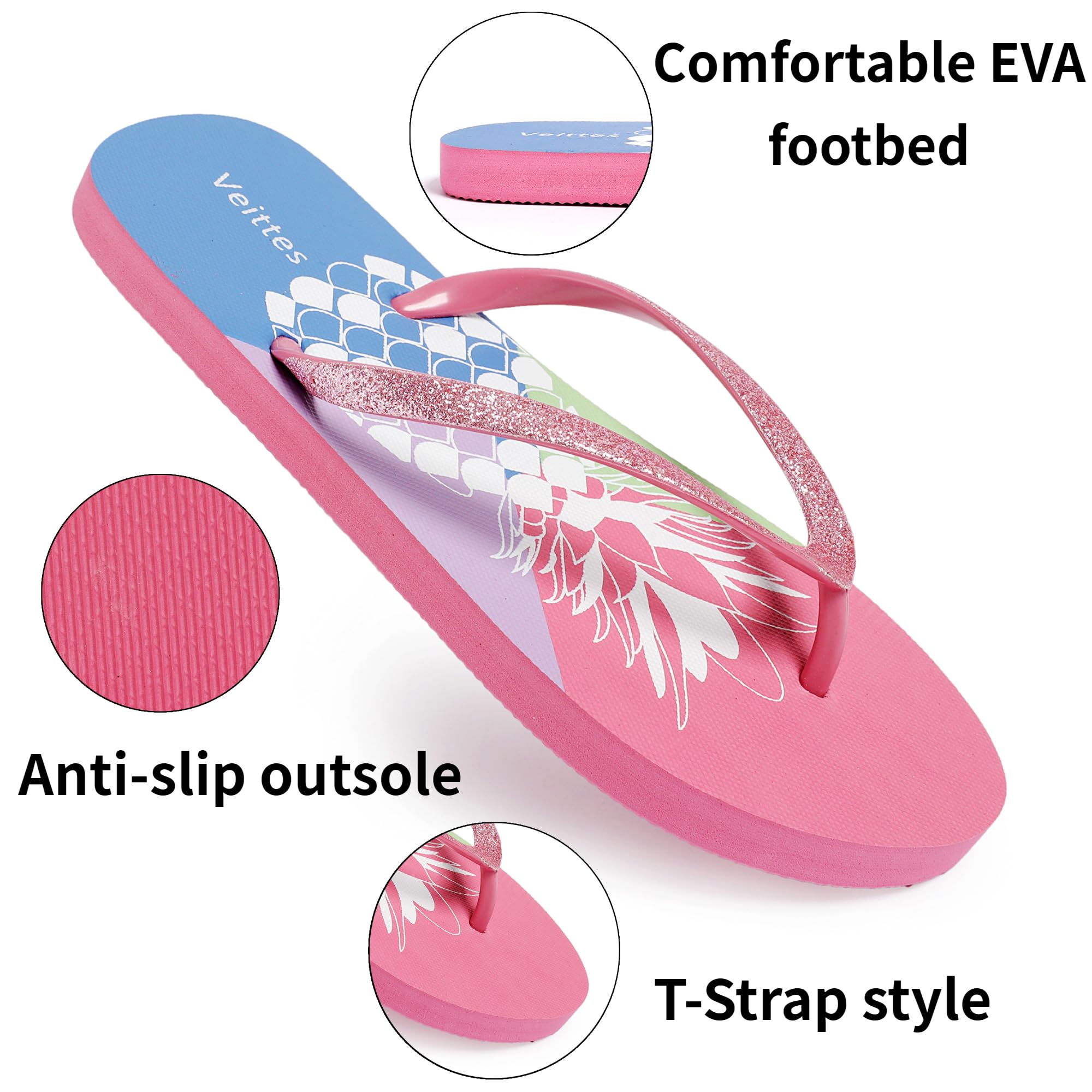 Veittes Tongs pour filles, Tongs de plage mignonnes pour petits et grands enfants, imprimées colorées pour filles.
