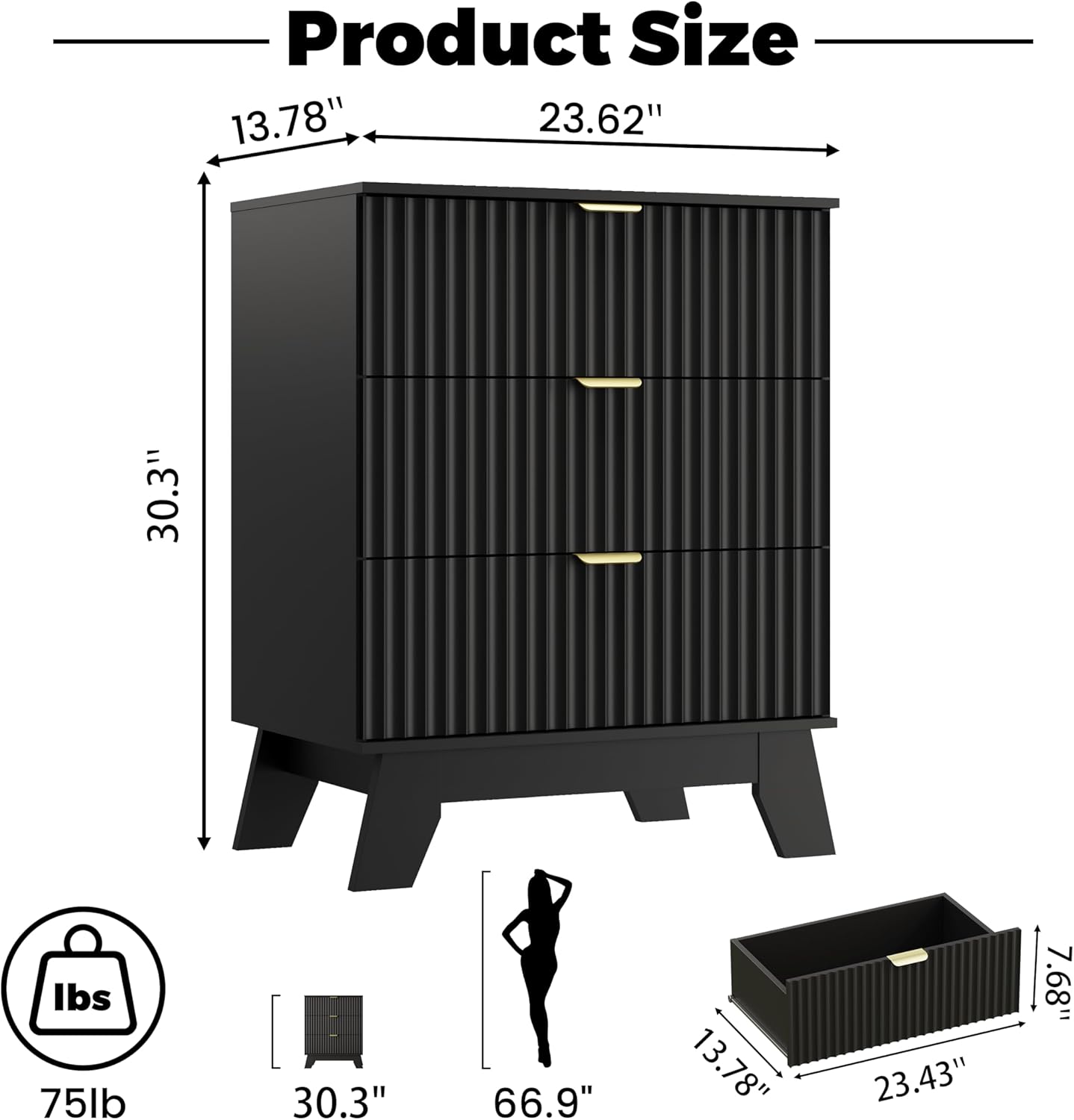 Night Stand Set 2, Bedside Table & End Table, Mid Century Modern Fluted Wood Nightstand with 3 Drawers & Metal Handles, Farmhouse Nightstand for Bedroom, Black Black 3 Drawers-2 PCS