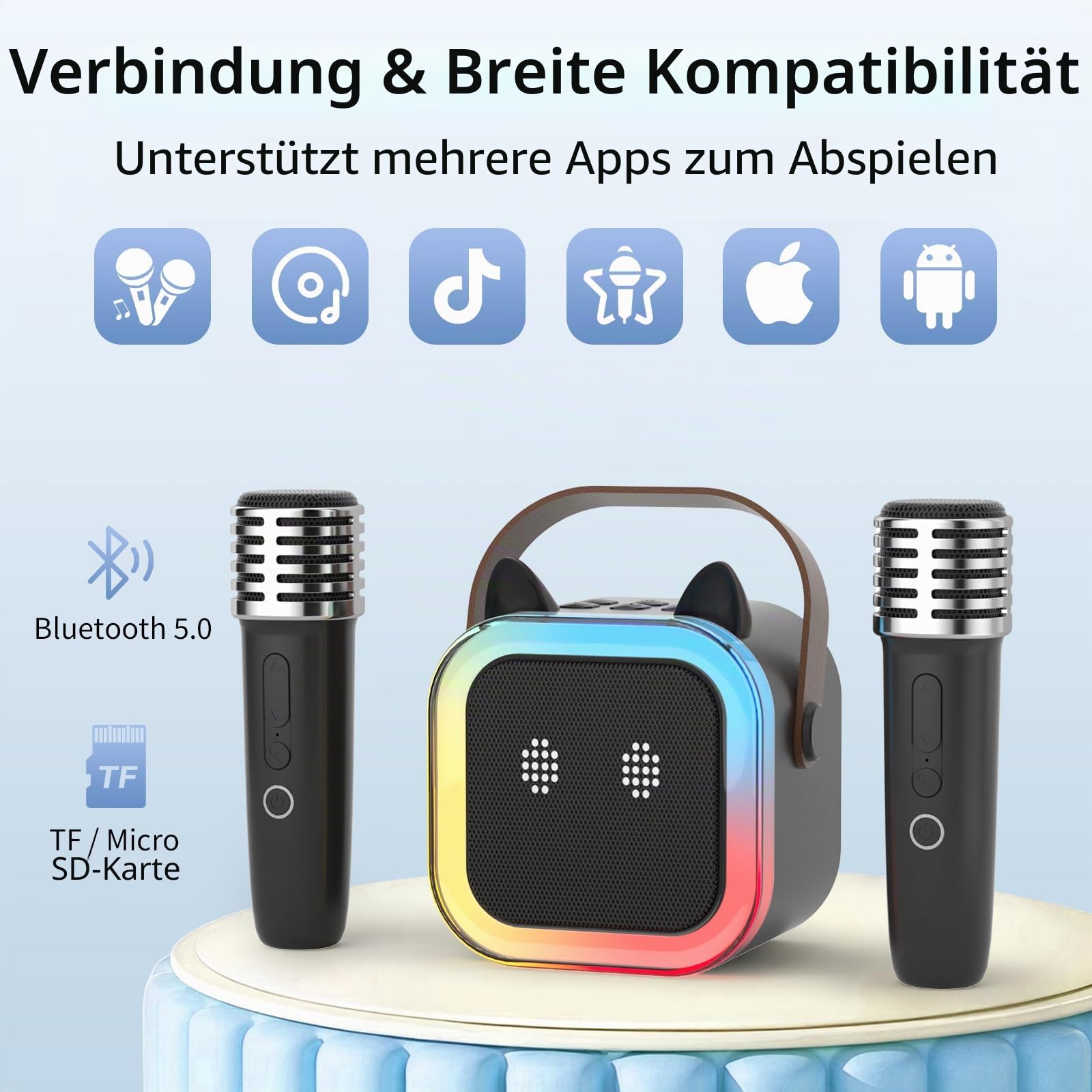süß Katzenohr Karaoke-Maschine für Kinder Erwachsene, Tragbar Karaoke-System mit blinkendem LED-Licht, 2 drahtlose Mikrofone, Geschenk Party Lautsprecher für Kinder Geburtstag Weihnachten