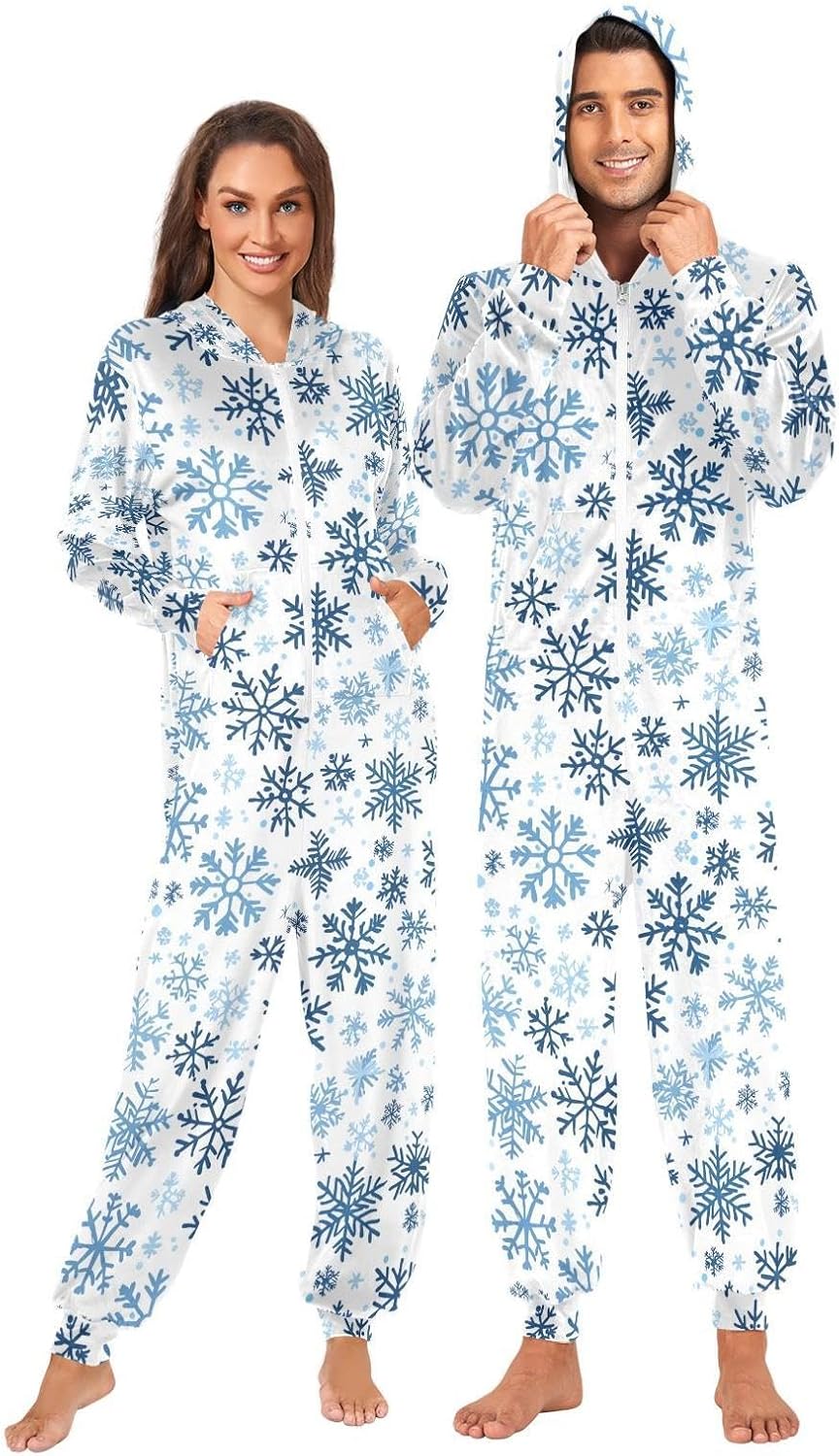 ZZKKO Winter Blue Snowflakes Adult Onesie Pajamas for Women Men Cozy One Piece Pajamas Costume Zip-Up Hooded S-XL