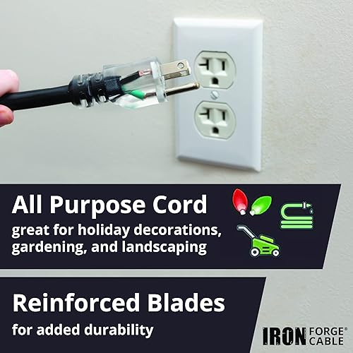 Miniatura 8 de Iron Forge Cable Cable de extensión de calibre 12 con múltiples tomas, cable de extensión negro resistente de 6 pies - SJTOW 12/3, cables de salida
