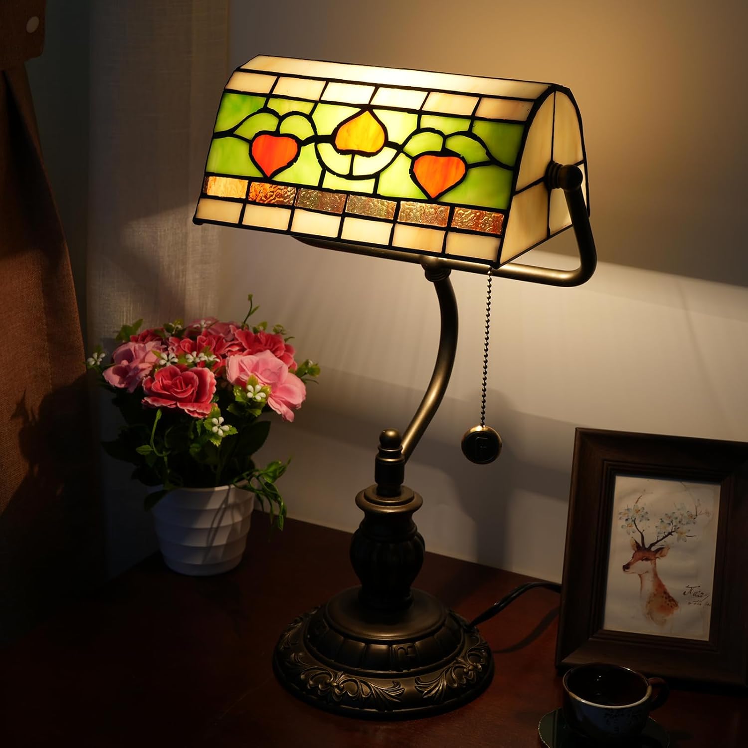 Tiffany Style Heart Bankers Table Lamp Stained Glass Vintage Bedroom Bedside Study Pull Chain Reading Desk Lamps Office Nightstand Aesthetic Antique Green Banker'S Lamp Work Light Desklamp