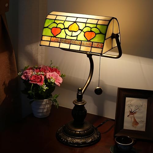 Miniatura 8 de Lámpara de mesa estilo Tiffany Heart Bankers - Lámpara de mesa vintage para dormitorio, mesita de noche, estudio, cadena de tracción, lámparas de