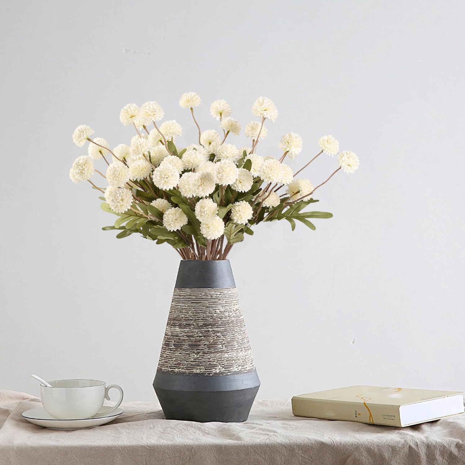 HNVNER 10PCS Artificial Faux Flowers for Vase, Ivory White Mini Fake Mums Flowers Long Stem, Realistic Silk Small Chrysanthemum for DIY Bouquets Wedding Home Table Kitchen Décor