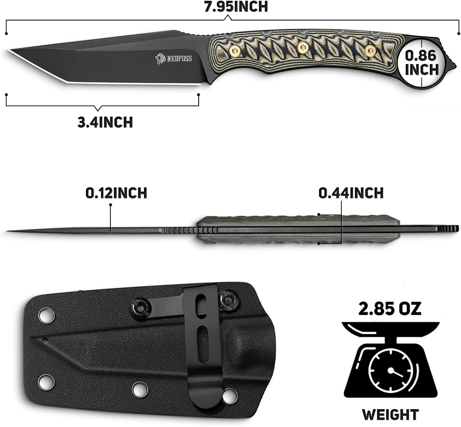 NedFoss PIONEER Small EDC Fixed Blade Knife - 3.4" Full Tang 14C28N Steel Tanto Blade, G10 Handle w/Kydex Sheath, Horizontal Carry for Camping & Tactical EDC Knife