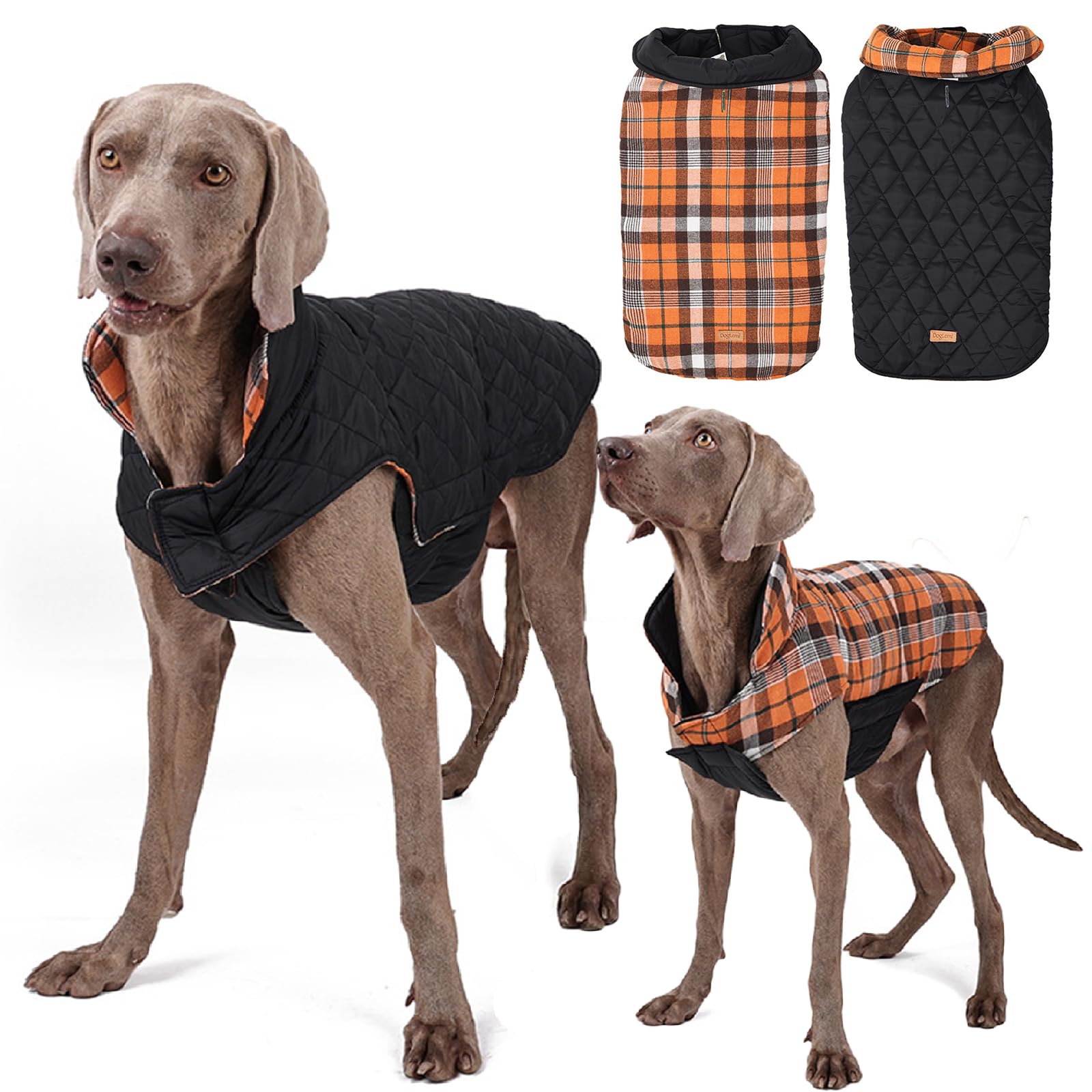 RUYICZB Warm Dog Coat, Reversible Dog Jacket Waterproof Dog Coat British Style Plaid Dog Winter Clothes Pet Cold Weather Vest Coats Cozy Snowsuit for Small Medium Large Dogs,Orange,L
