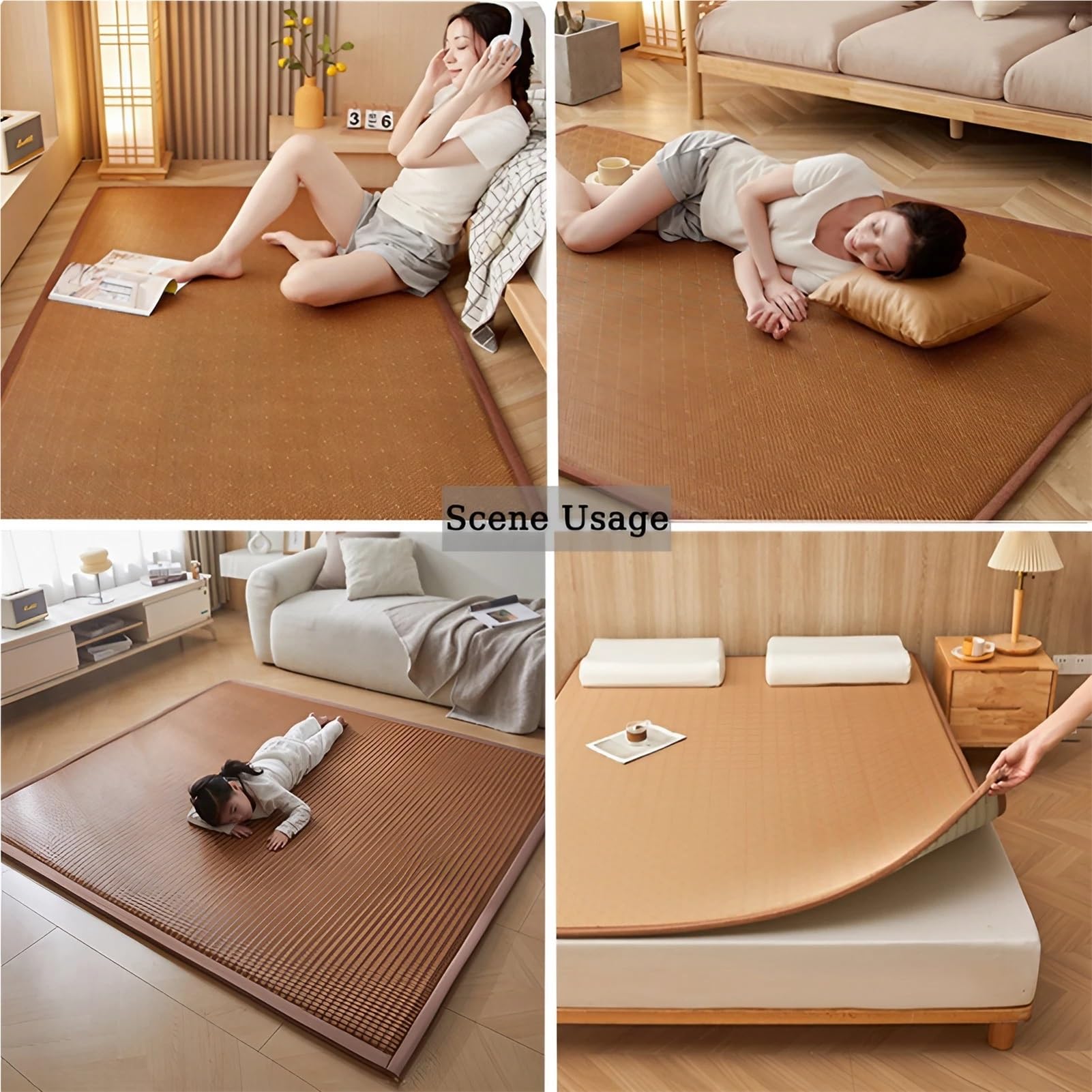 Tatami-Bodenmatte aus natürlichem Rattan 1,5 cm Dicke Schlafmatte rutschfest atmungsaktiv 90 x 200 cm Braun