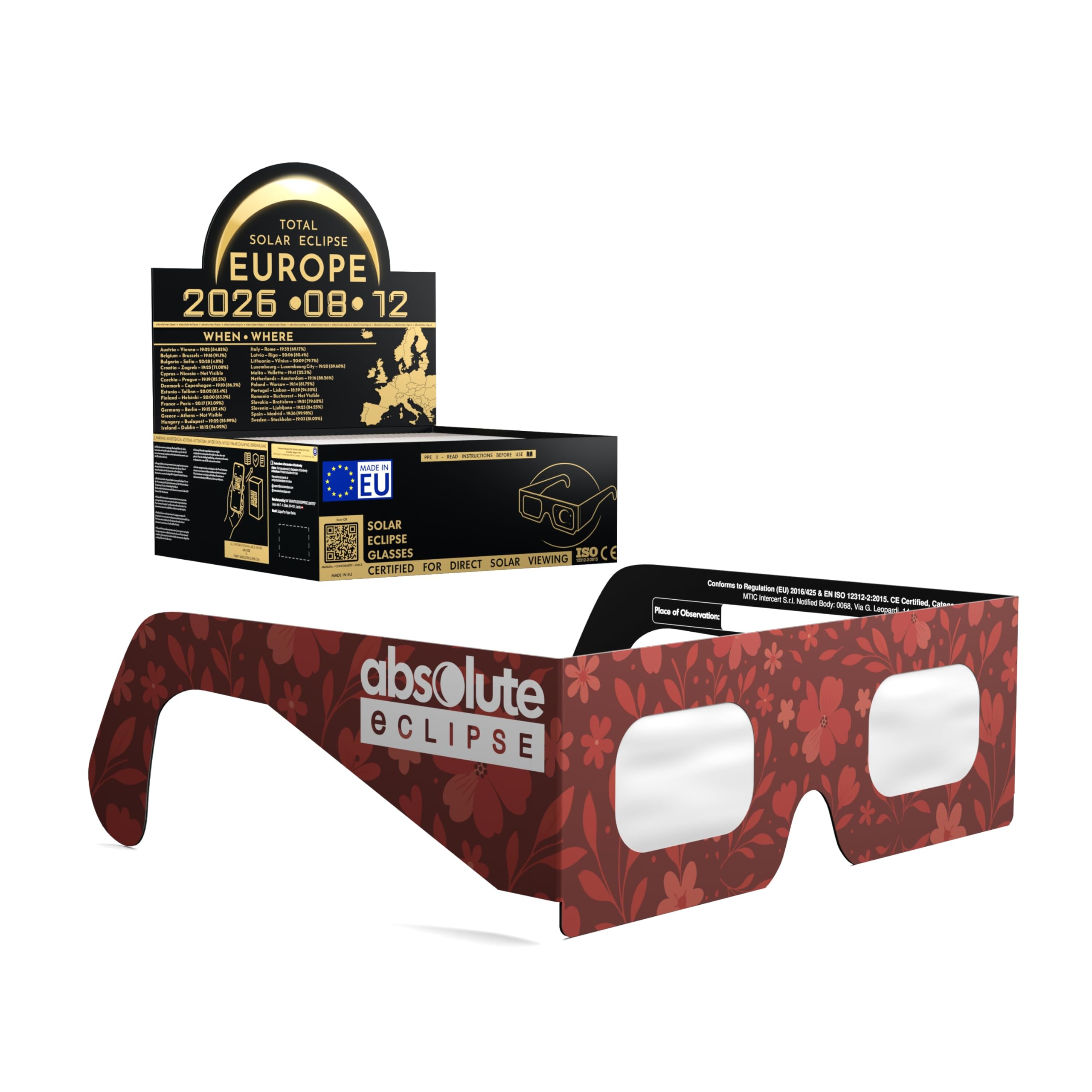 Solar Eclipse Glasses ISO 12312-2 CE Certified | Safe Solar Viewing Glasses UK | Paper Cardboard Frame | Total Solar Eclipse August 2026 | Made in EU | 50 Pack | Bloom