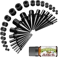 Vista 1 de BodyJ4You kit de 37 piezas de diferente calibre para dilatar perforaciones de oreja, aceite de jojoba, 14G-00G, acero quirúrgico Negro