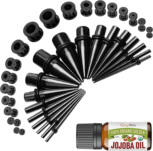 BodyJ4You kit de 37 piezas de diferente calibre para dilatar perforaciones de oreja, aceite de jojoba, 14G-00G, acero quirúrgico Negro