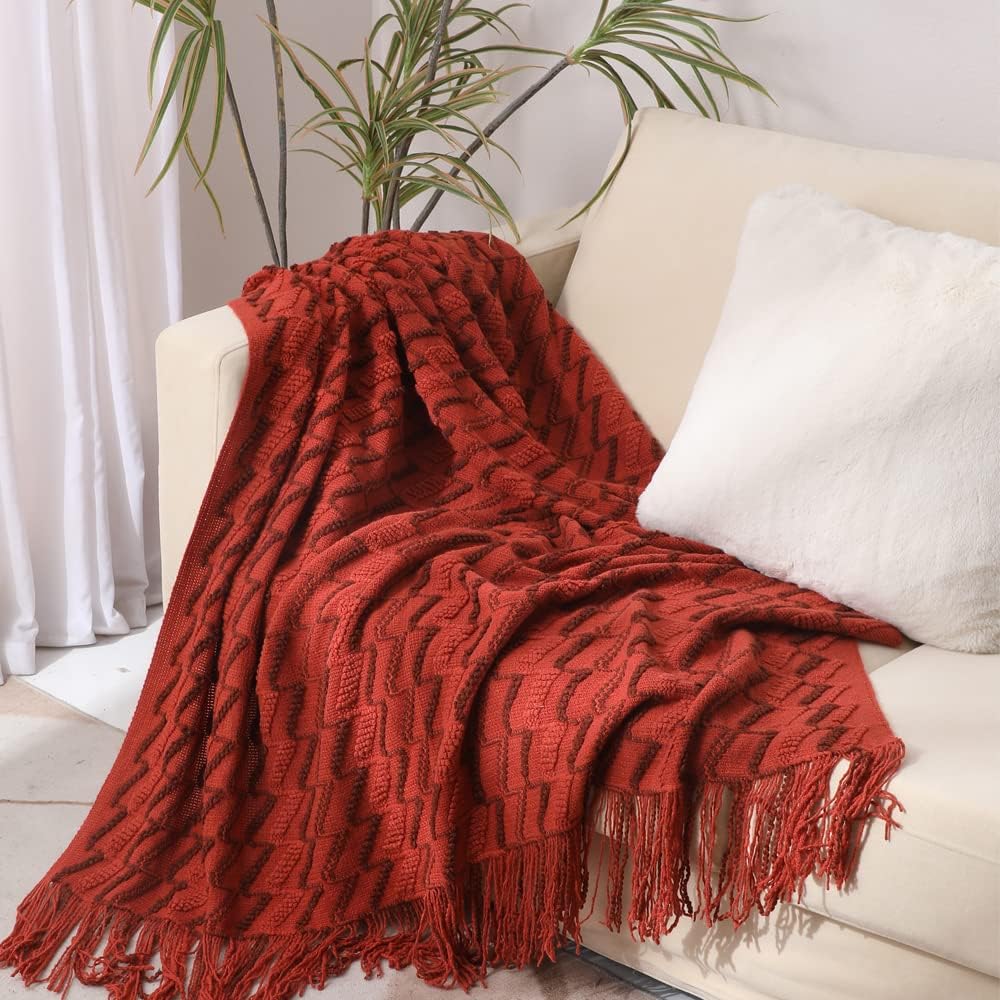 TXDYB Boho Deco Knitted Throw Blanket for Bed Sofa Chair Couch,Mix Rust Color