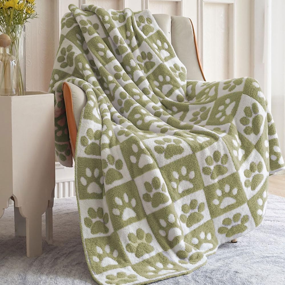 Ultra Soft Cozy Fluffy Microfiber Checkered Knitted Throw Blanket Pet Dog Paw Checkerboard Double Sided Lightweight Warm Bed Blanket for Couch Bed Sofa 50x60 Inches Green (Green)