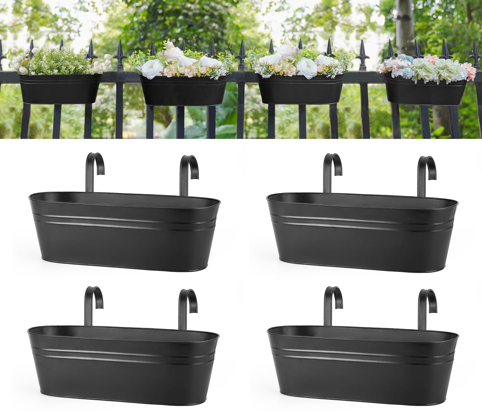 Photo 1 of Dahey 4 Pcs Metal Hanging Flower Pots for Railing Fence Outdoor Planter 15.7 Inch Hanging Bucket Pots Countryside Window Flower Plant Holder with Detachable Hooks for Garden Yard Home Decor,Black