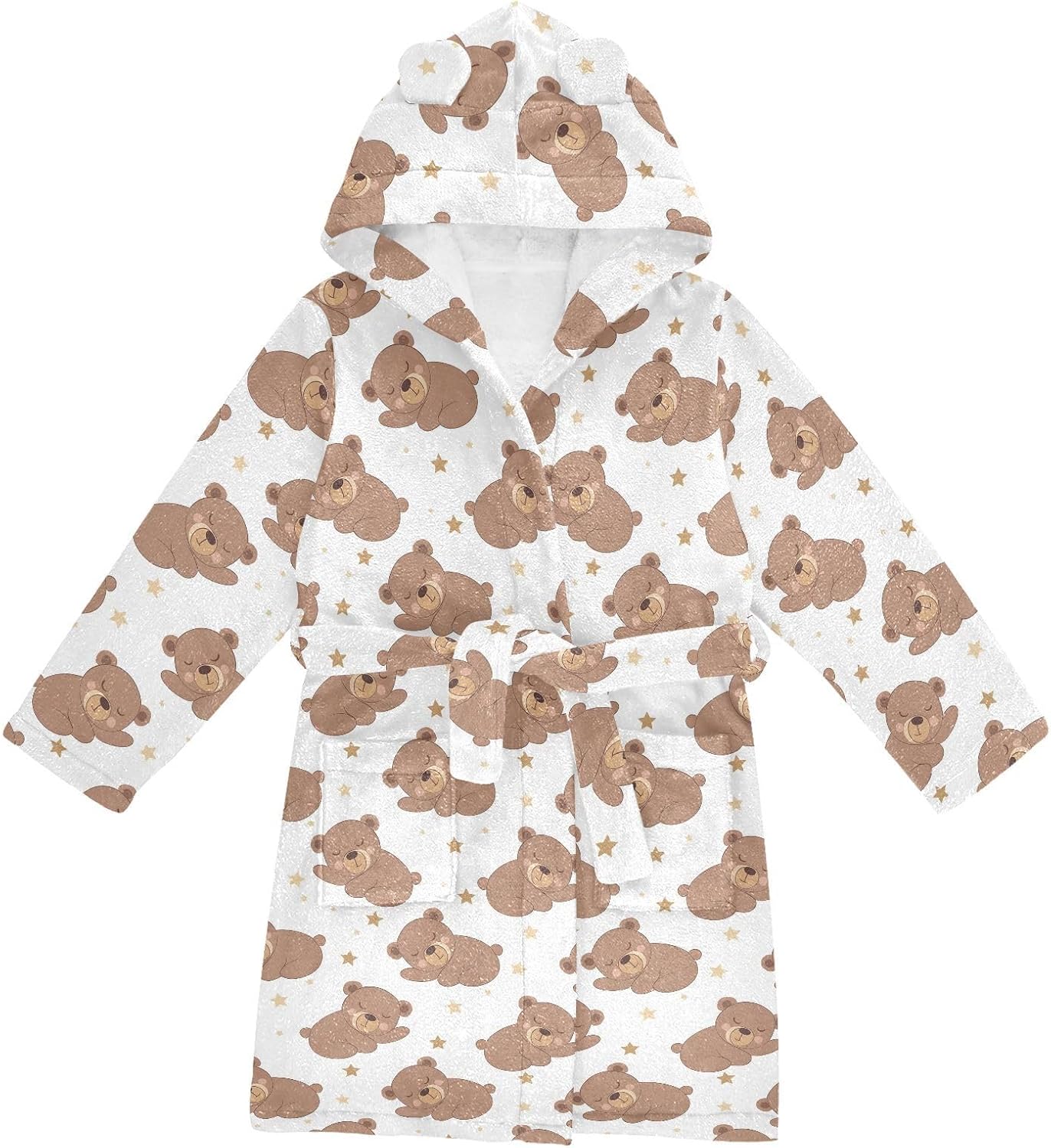 senya Bear Sleeping Toddler Hooded Bathrobe Kids Soft Plush Bath Towel Robes for Boys Girls 2-12 Years