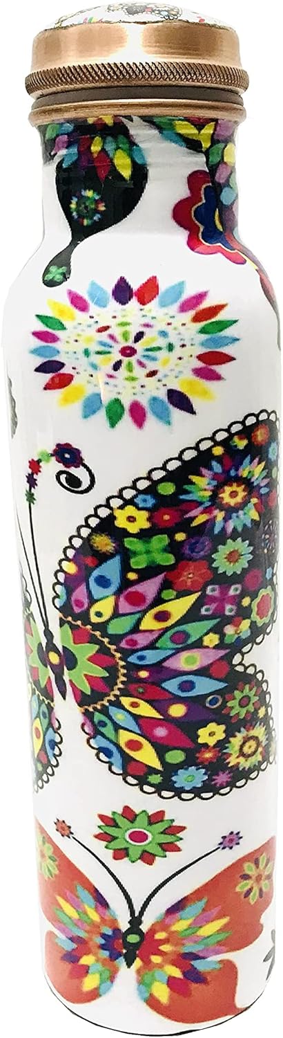 Multi Butterfly 34oz Pure Copper Water Bottle for Drinking – Large Handcrafted Ayurvedic Copper Water Bottle, Leak Proof Lid – Smooth Finish Copper Bottle Water Vessel Capacity 1 litre
