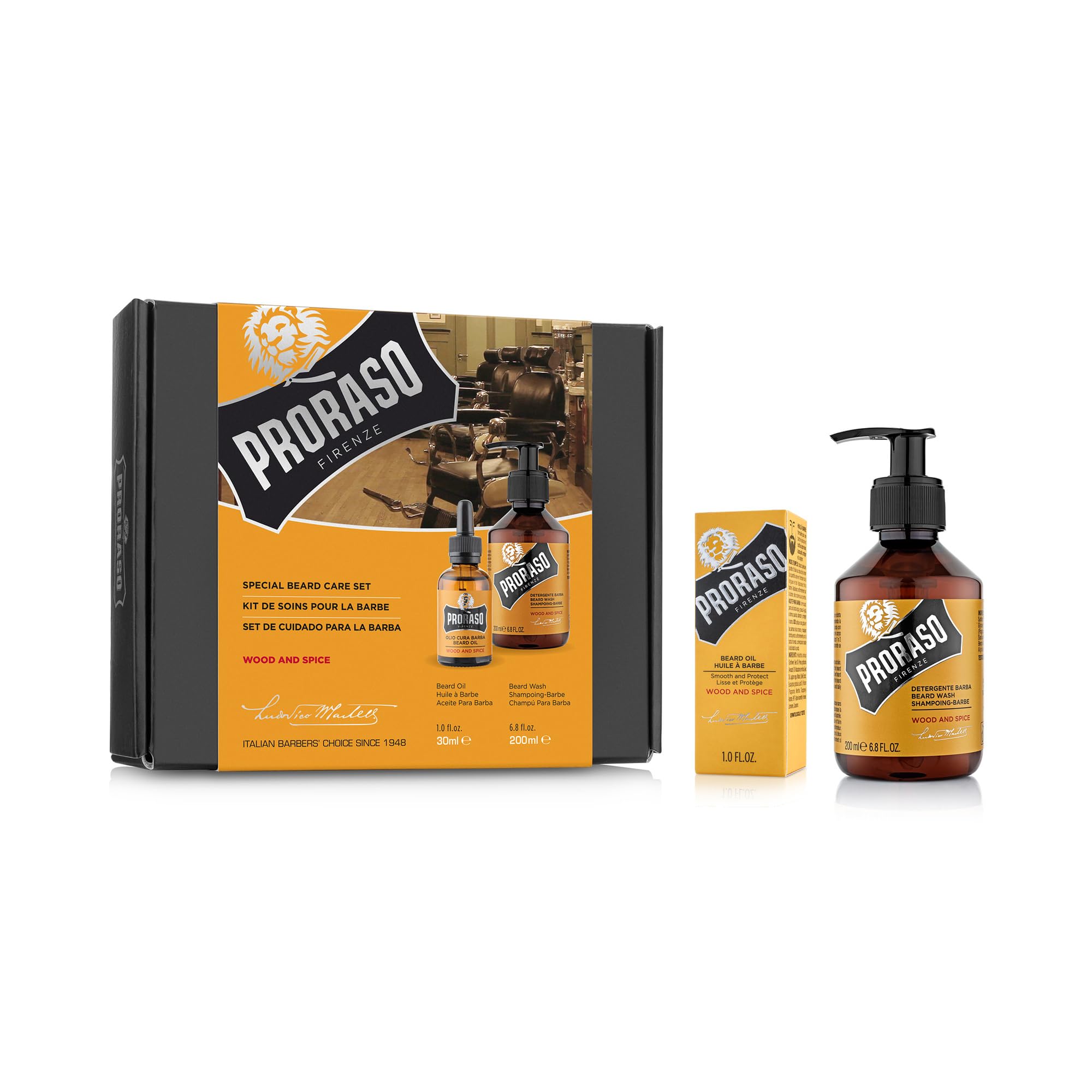 Proraso Coffret Soin Barbe Wood & Spice (2 produits) - Coffret cadeau pour hommes avec nettoyant à barbe et huile à barbe, parfum avec cumin et safran - Fabriqué en Italie