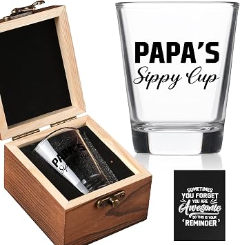 Ithmahco Papa Father Day Gift, Papa Juice Shot Glass with Wooden Box - Cool Father Day Gifts For Papas, Best Papaw Gifts