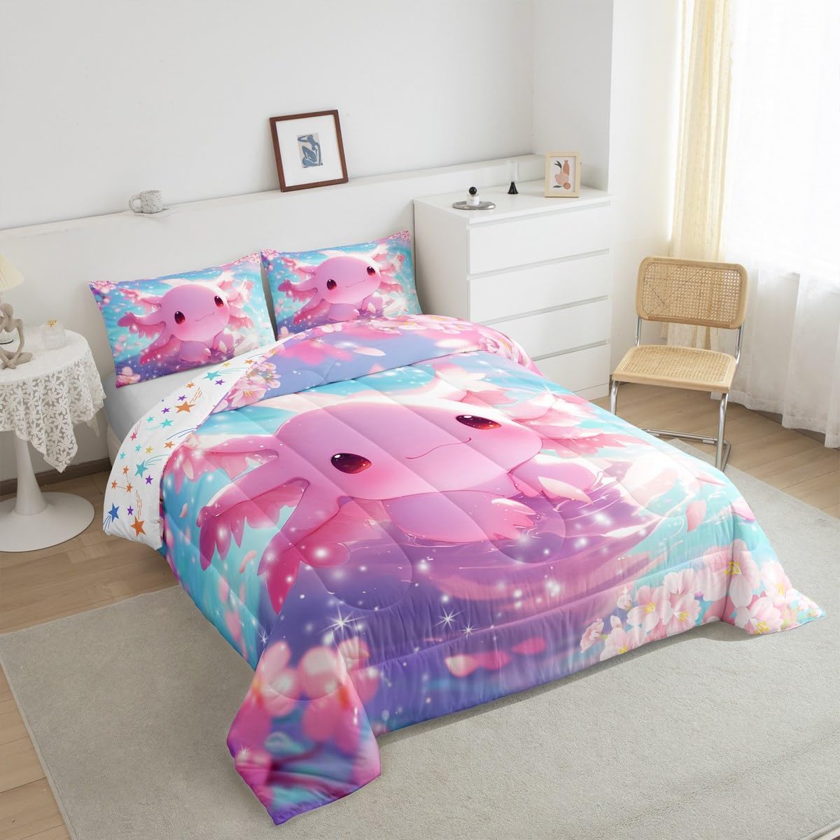 Feelyou Cartoon Axolotl Kids Comforter Set Full Size,Cute Pink Salamander Bedding Set,Girls Boys Women Room Decor,Ocean Animals Down Comforter,Pink Cherry Blossom Duvet Insert,2 Pillow