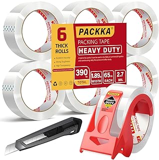 Heavy Duty Packing Tape for Moving Boxes and Packaging Supplies, Total 390y, 6 Rolls Clear Moving Tape with Dispenser and Utility Knife, 1.89in. X65yd, Mailing and Moving Supplies