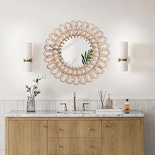 Comprar Espejo de ratán redondo de 40 cm, hecho a mano con espejo de cristal de 20 cm, espejo de pared bohemio, decoración para salón, dormitorio, baño, pasillo y casa de campo, decoración de pared de