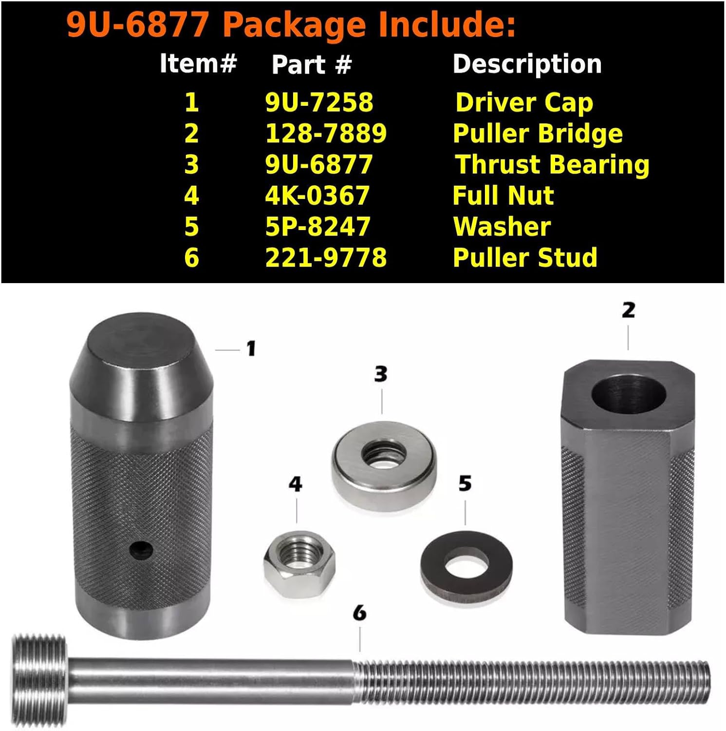 9U-6891 Injector Sleeve Cup Remover&Installer Kit for CAT Caterpillar 3406E C10 C12 C15 C16 C18 Engine Heavy Duty Steel (6pcs)