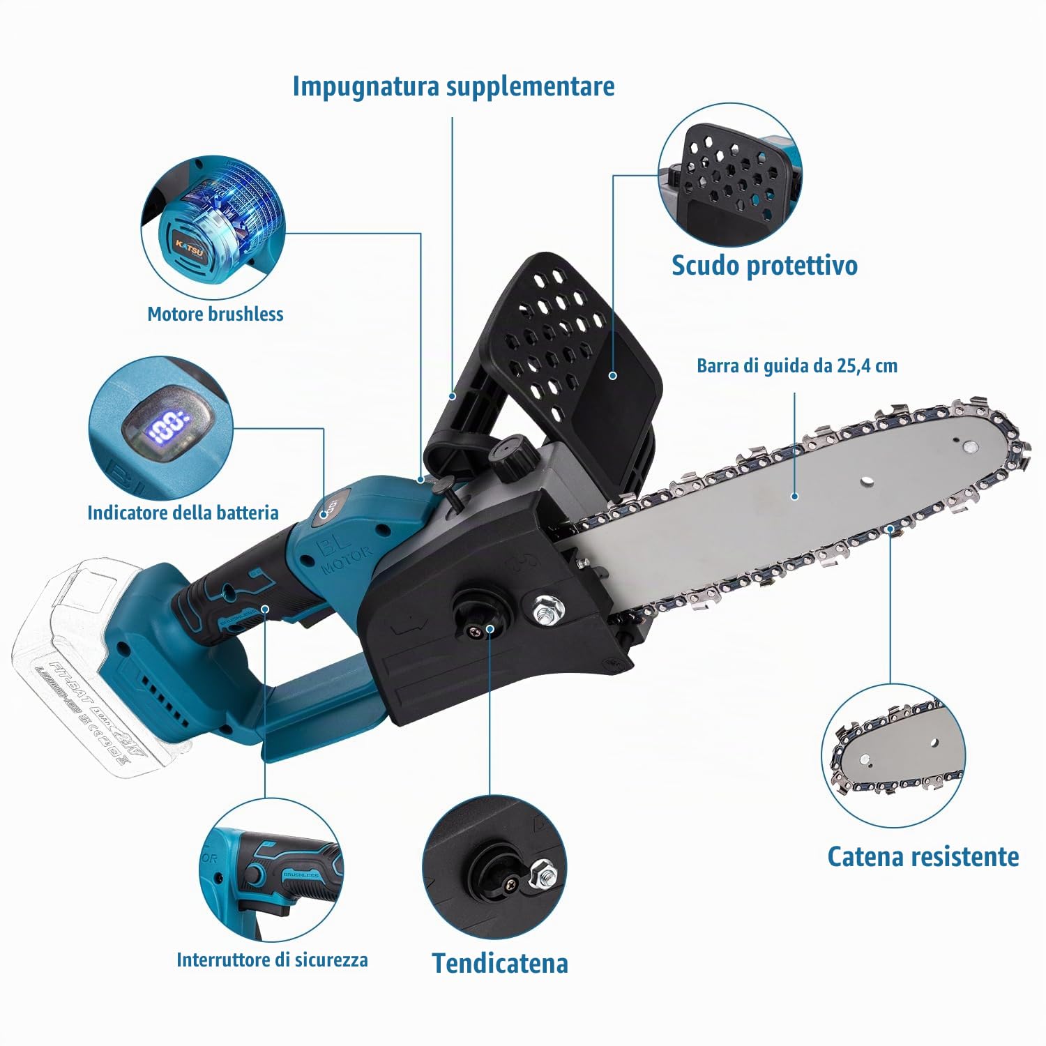 KATSU FIT-BAT 21V Motosega a Batteria Brushless, 750W 10" Motosega Elettrica senza Spazzole per Taglio del Legno Potatura Giardinaggio, senza Batteria o Caricabatterie 102733