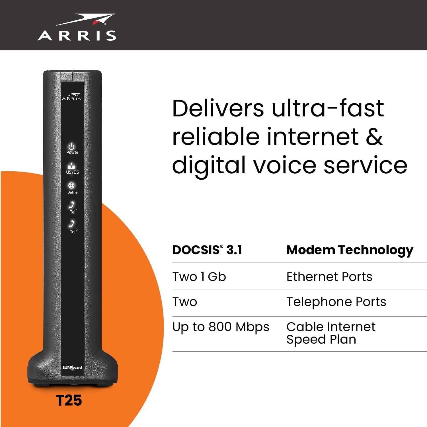 ARRIS SURFboard T25 DOCSIS 3.1 Gigabit Cable Modem | Comcast Xfinity Internet & Voice | Two 1 Gbps Ports | 2 Telephony Ports | 800 Mbps Max with Xfinity Internet Plans | 2 Year Warranty Black
