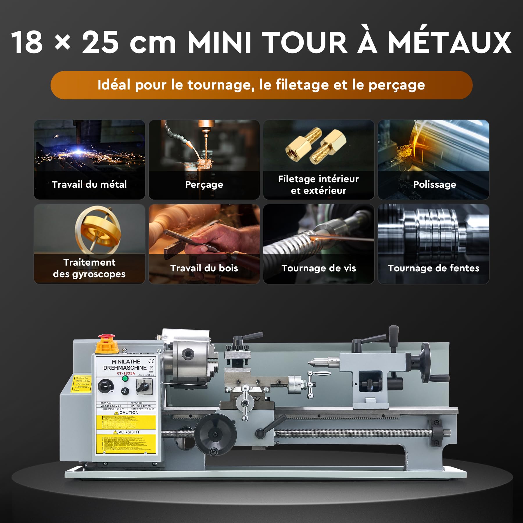 CREWORKS 550W Mini Tour à Métaux d'Établie 180x350mm 7"x14" Haute Précision avec Mandrin à 3 Mâchoires et Vitesse de Broche Max. 2500 tr/min Écran LCD pour Filetage Tournage Perçage