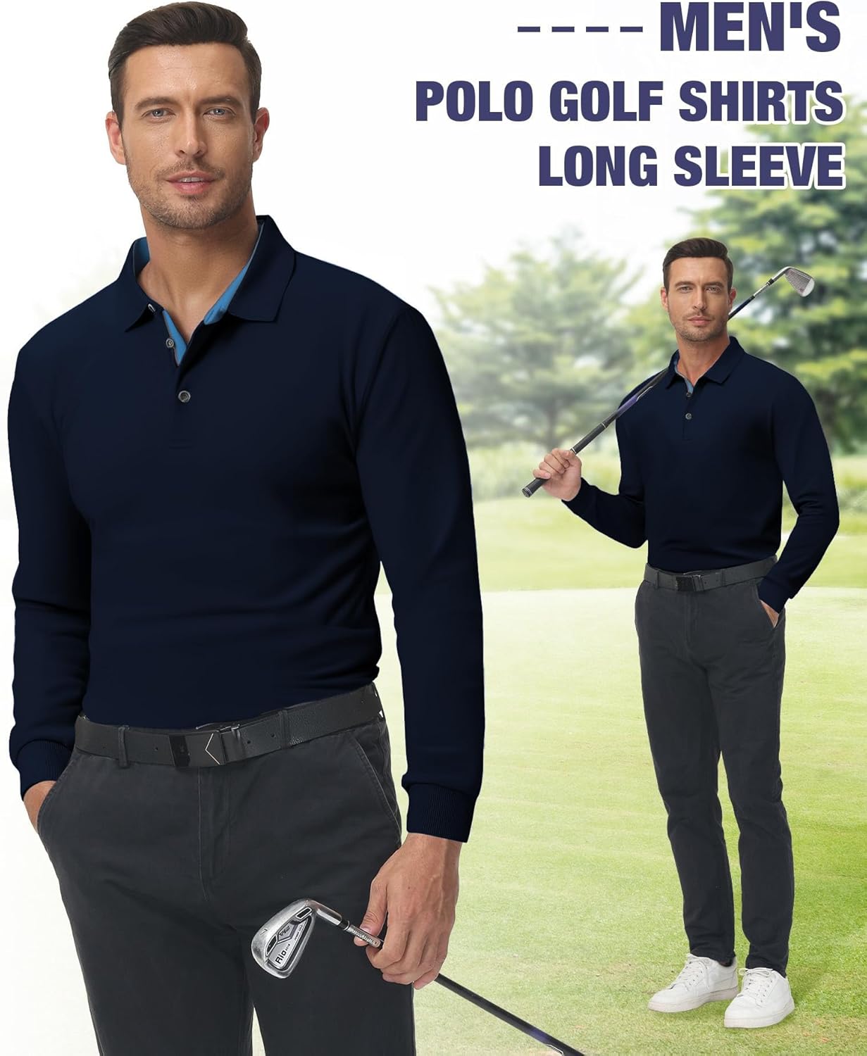 Polo Shirts for Men Long Sleeve Moisture Wicking Golf Polos Casual Travel Performance Collar Shirts