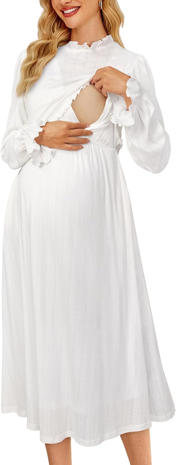 OUGES Maternity Nursing Fall Dresses for Women Baby Shower Photoshoot Long Sleeve Smocked Midi Dress with Pocekts 2026