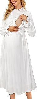 OUGES Maternity Nursing Fall Dresses for Women Baby Shower Photoshoot Long Sleeve Smocked Midi Dress with Pocekts 2025