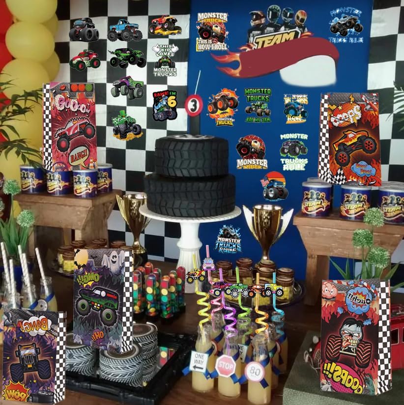 110PCS Monster Truck Party Favors Set,Monster Jam Birthday Decorations Including Truck Theme Slap Bracelets Keychains Gift Bags DIY Stickers Drinking Straws People Monster Truck Birthday Supplies - Image 4