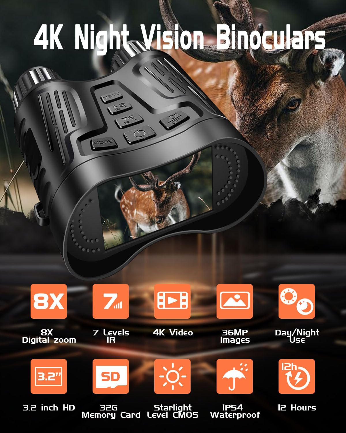Gafas de visión nocturna, prismáticos de visión nocturna 4K con pantalla HD de 3.2 pulgadas, zoom digital 8X, infrarrojos de 7 niveles, tarjeta TF de 32 GB que puede almacenar fotos y videos para
