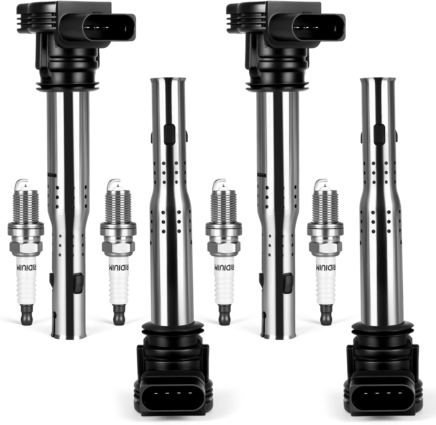 Set of 4 UF575 Ignition Coil Pack and Spark Plugs Compatible with Audi & Volkswagen 2.0L 4.2L, A3 2006-2013, A4 A5 A6, Q3 Q5 RS5 TT Allroad Beetle CC GTI Jetta Passat, Replaces C1627 07K905715