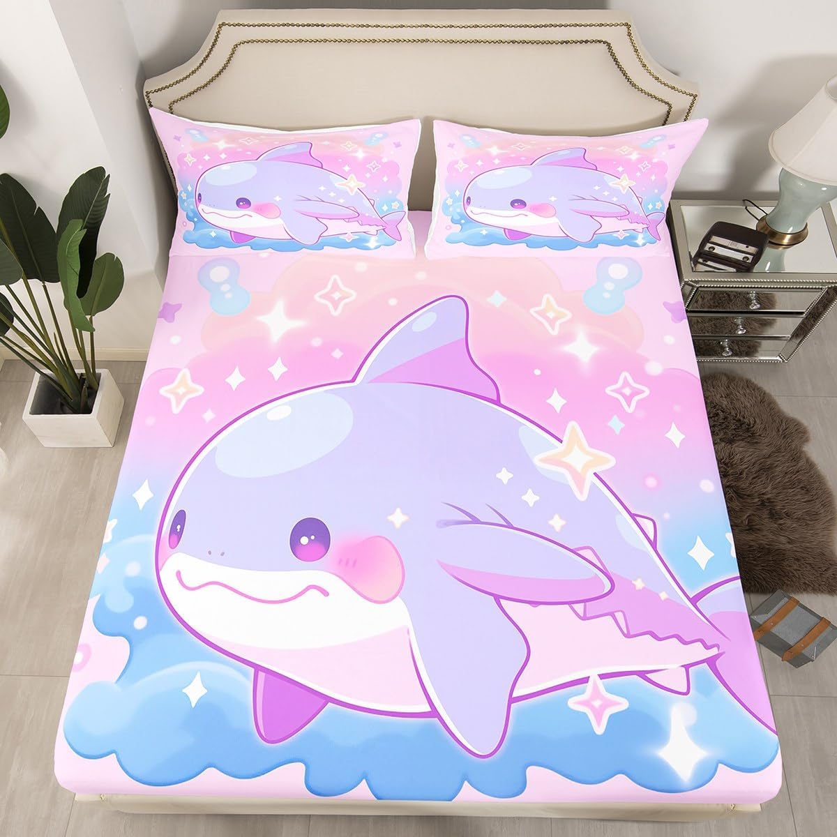 Kawaii Shark Kids Fitted Sheet Twin Size,Cartoon Flowers Stars Rainbow Bedding Set,Boys Girls Room Decor,Sea World Cute Ocean Creature Bed Cover,Purple Romantic Bed Sheet,1 Pillowcase