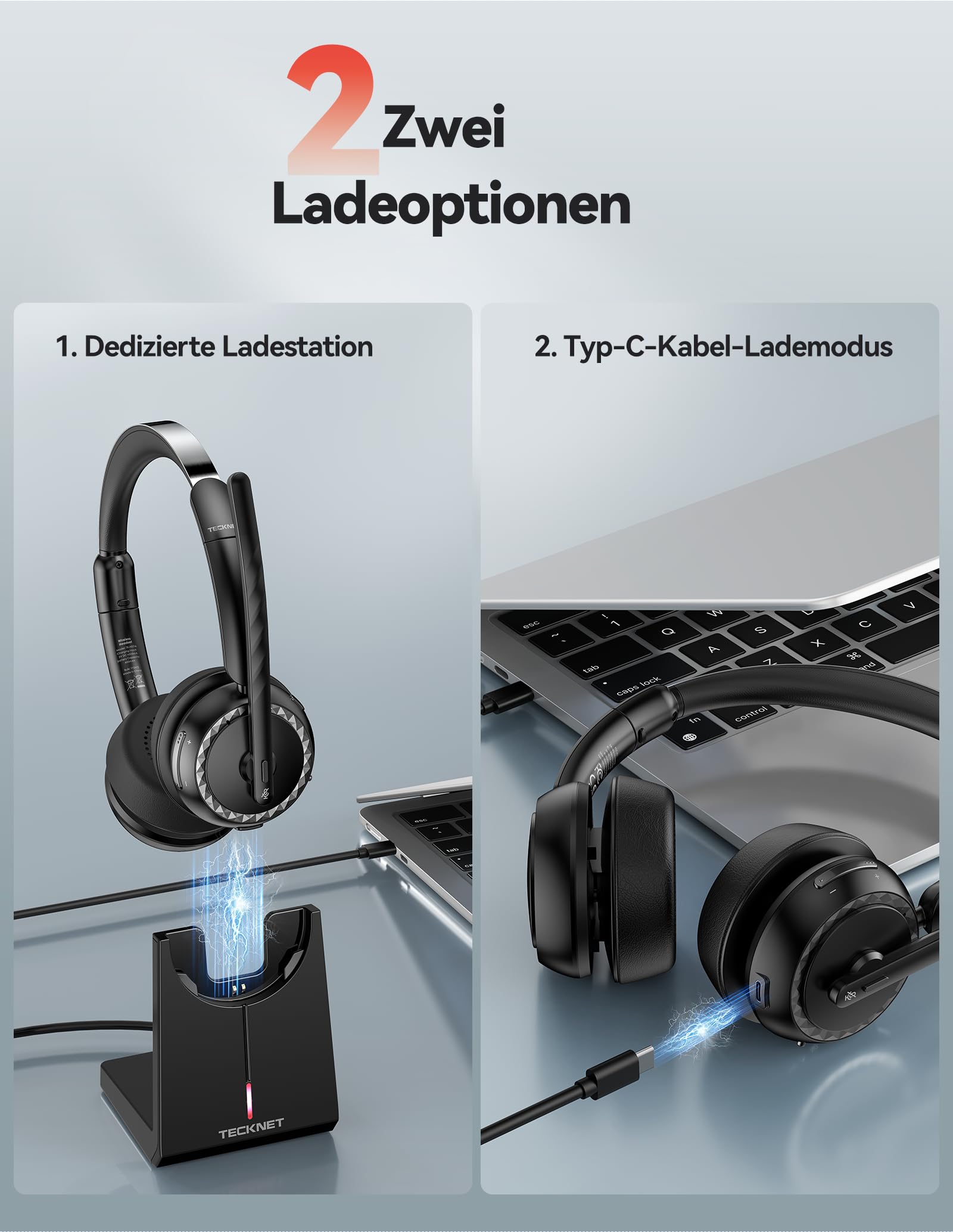TECKNET V5.3 Bluetooth Headset mit Mikrofon, Wireless Headset mit AI Noise Cancelling Mikrofon, Ladestation, USB-Dongle, 55+ Std. Akku, Wiederaufladbar On-Ear Kopfhörer für Büro, Home, Callcenter