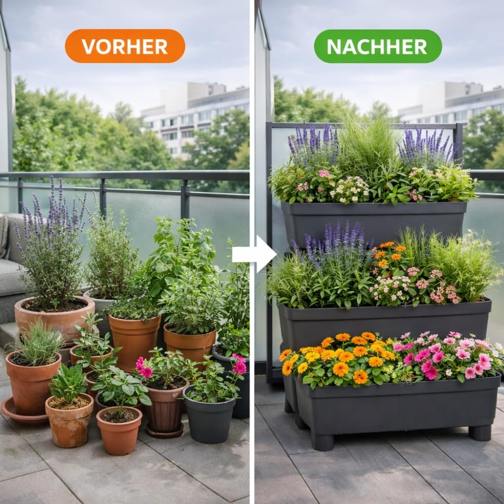 2er Set Pflanzkübel mit Sichtschutz Hochbeet Balkon 3 Etagen Vertikalbeet mit Sichtschutz Blumenkasten Balkon Hoch Pflanzentreppe Pflanzpyramide Hochbeet Garten