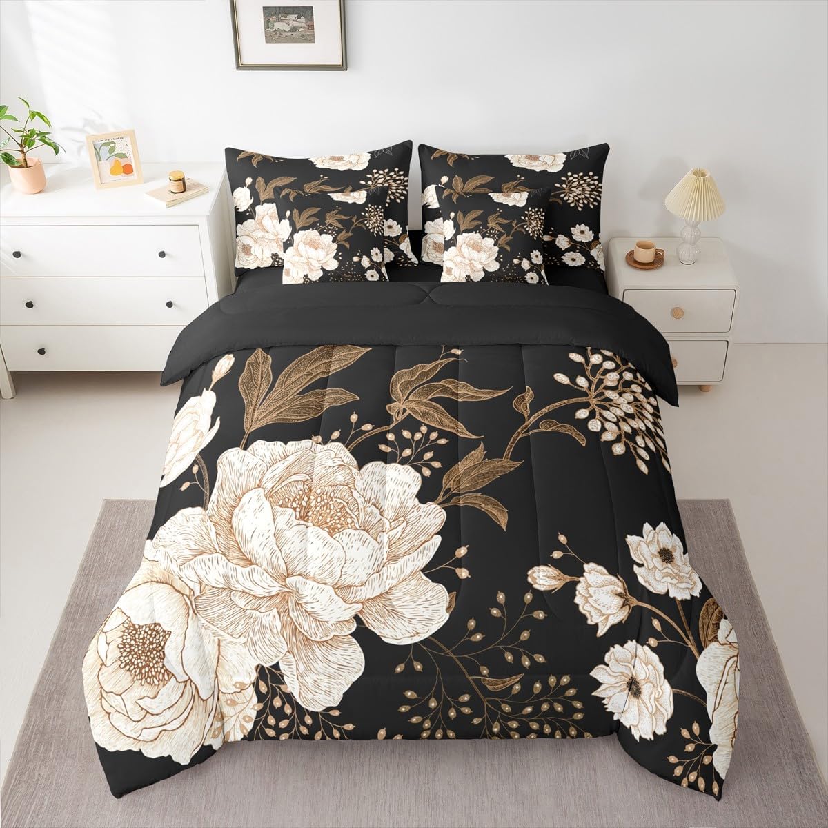 Erosebridal Botanical Floral 7 Pcs Bedding Set Twin Size,White Flowers Leaves Bed in a Bag,Gold Leaf Plant Bed Set Includes Comforter,Sheet Set,Pillowcases & Pillow Covers,Vintage Floral Bedroom Decor