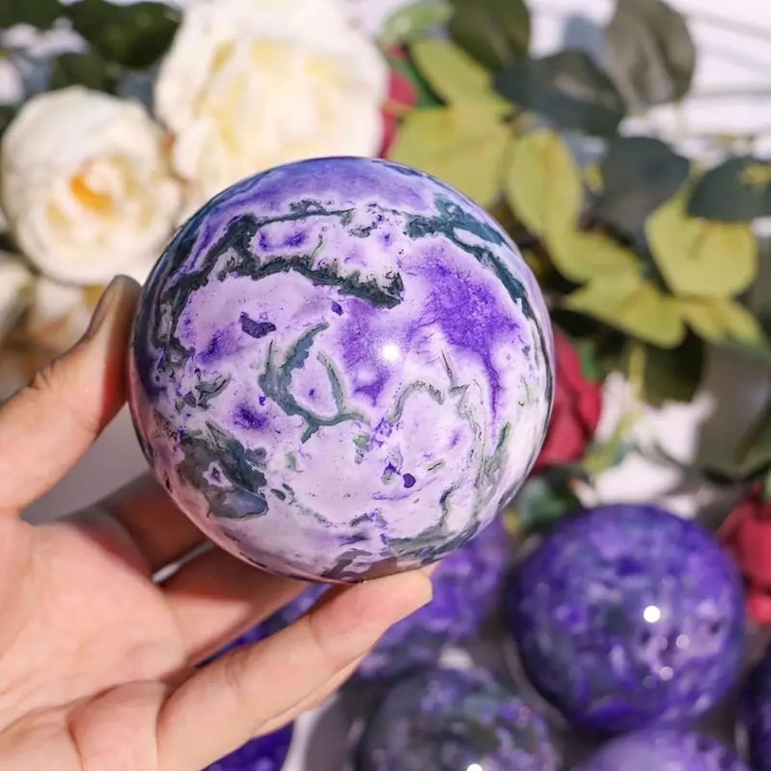 Natural Moss Agate Crystal Ball Feng Shui, Photography, Witchcraft,Purple Agate Crystal Ball Ornament, for Living Room, Office Desk & Bookshelf,50~55mm