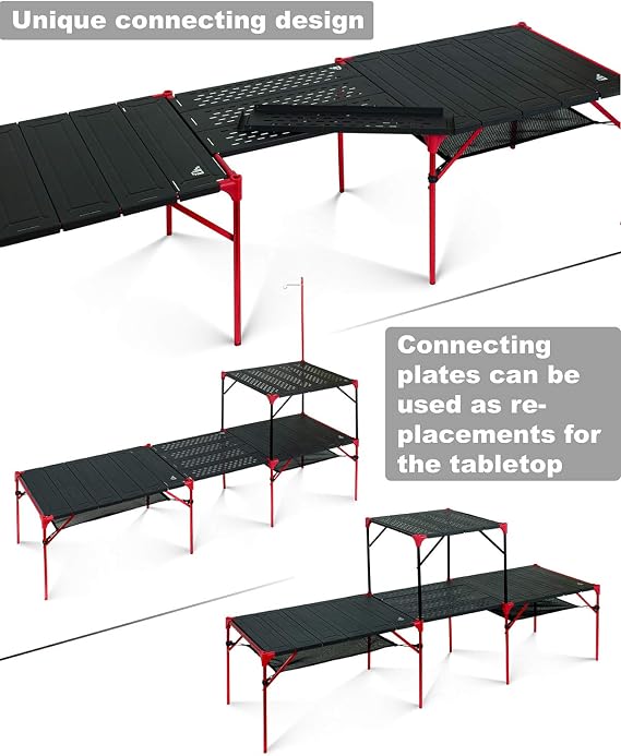 iClimb Extendable Folding Table Large Tabletop Area Ultralight Compact with Hollow Out Tabletop and Carry Bag for Camping Backpacking Beach Concert BBQ Party, Three Size (Black - L)