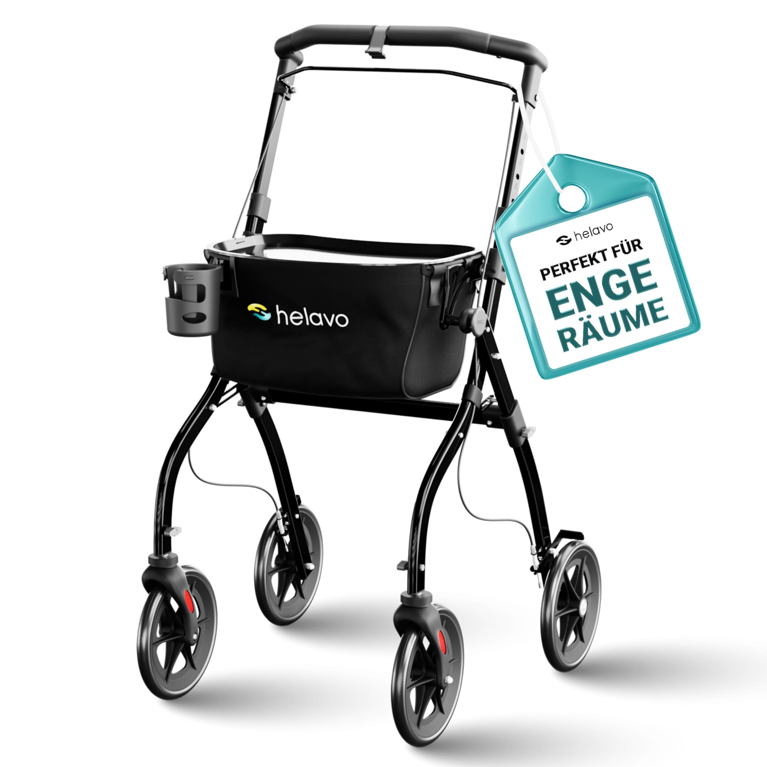 Helavo schmaler Wohnungsrollator mit Tablett - 60 cm breit & Transportkorb | Rollator schmal für die Wohnung - Leichter, faltbarer Indoor-Rollator aus Aluminium - Inkl. Tablett, Becherhalter und Korb