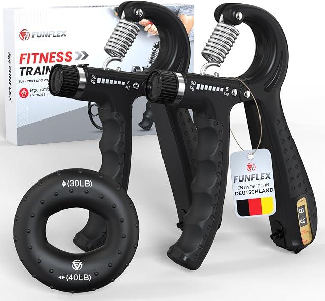 FUNFLEX Handtrainer Fingertrainer, Griffkraft Trainer 2er Set, 5-60kg Einstellbarer Widerstand Unterarmtrainer - Grip Ring, Fingerkraft Grifftrainer - Fitness Krafttraining für Hand, Finger, Unterarm