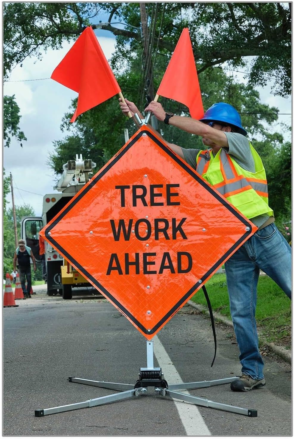 36 Inch "Tree Work Ahead" Fold & Roll Traffic Control Sign Kit – Roll-Up Work Zone Warning Sign with DynaFlex Stand, Stablock Holder & Warning Flags, MUTCD & NCHRP-350 Compliant