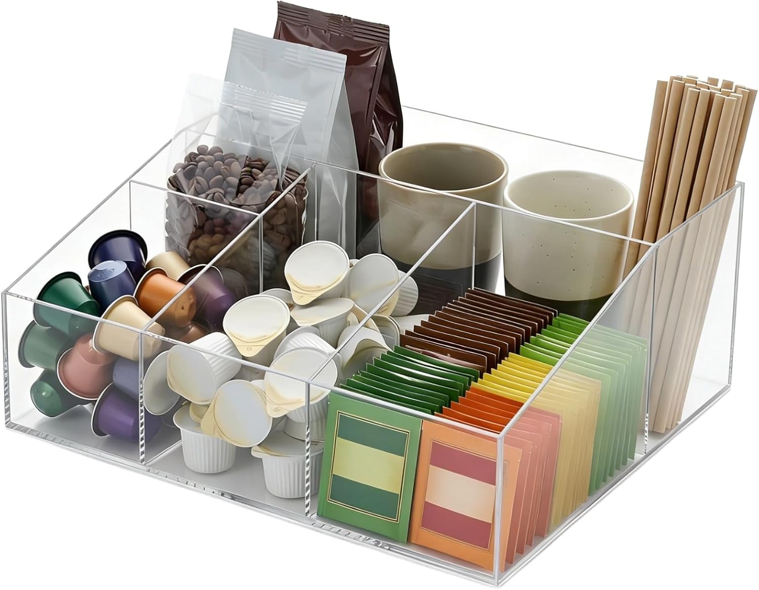 ZALIR Acrylic Coffee Bar Organizer, Coffee Bar Station Organizer for Countertop, Transparent Coffee Station Organizer, Countertop Bar Accessories for Pods, Sugar, Creamer Syrup, Tea Bags Storage