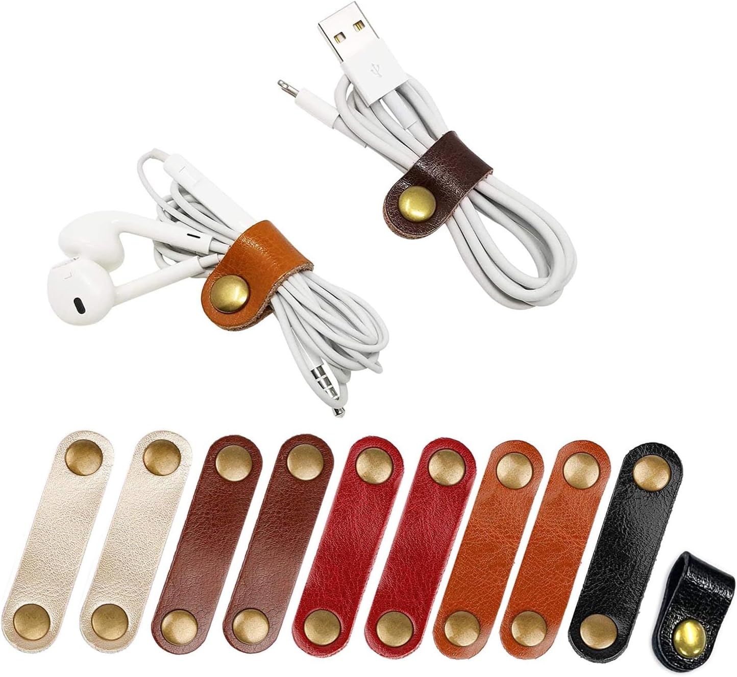 10-Pack(5-Color Mix Leather Cable Organizer with Snap Button– Multi-Color Cord Wraps for Charger, Headphones– Durable Wire Management Clips for Travel & Desk US (1.2cm/0.5" x9cm/3.5")