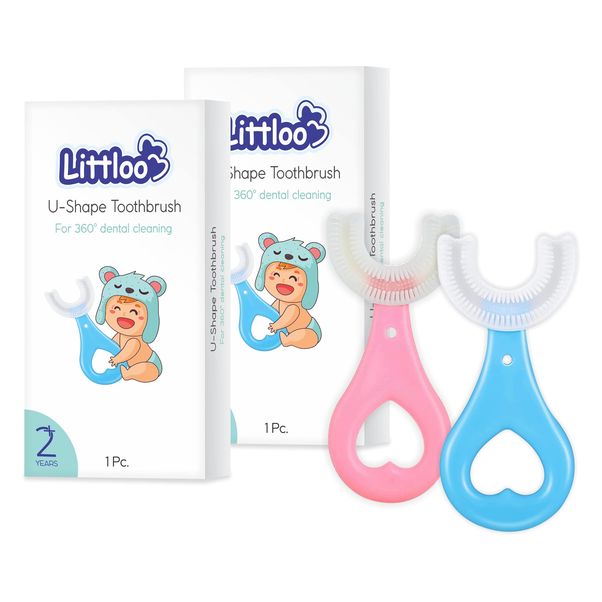 LITTLOO Baby U-Shaped Silicone Tooth Brush With Soft Bristles For Complete Manual 360 Degree Dental Cleaning, Material For New Borns, Toddlers & Children - Pack Of 2 (Blue & Pink)