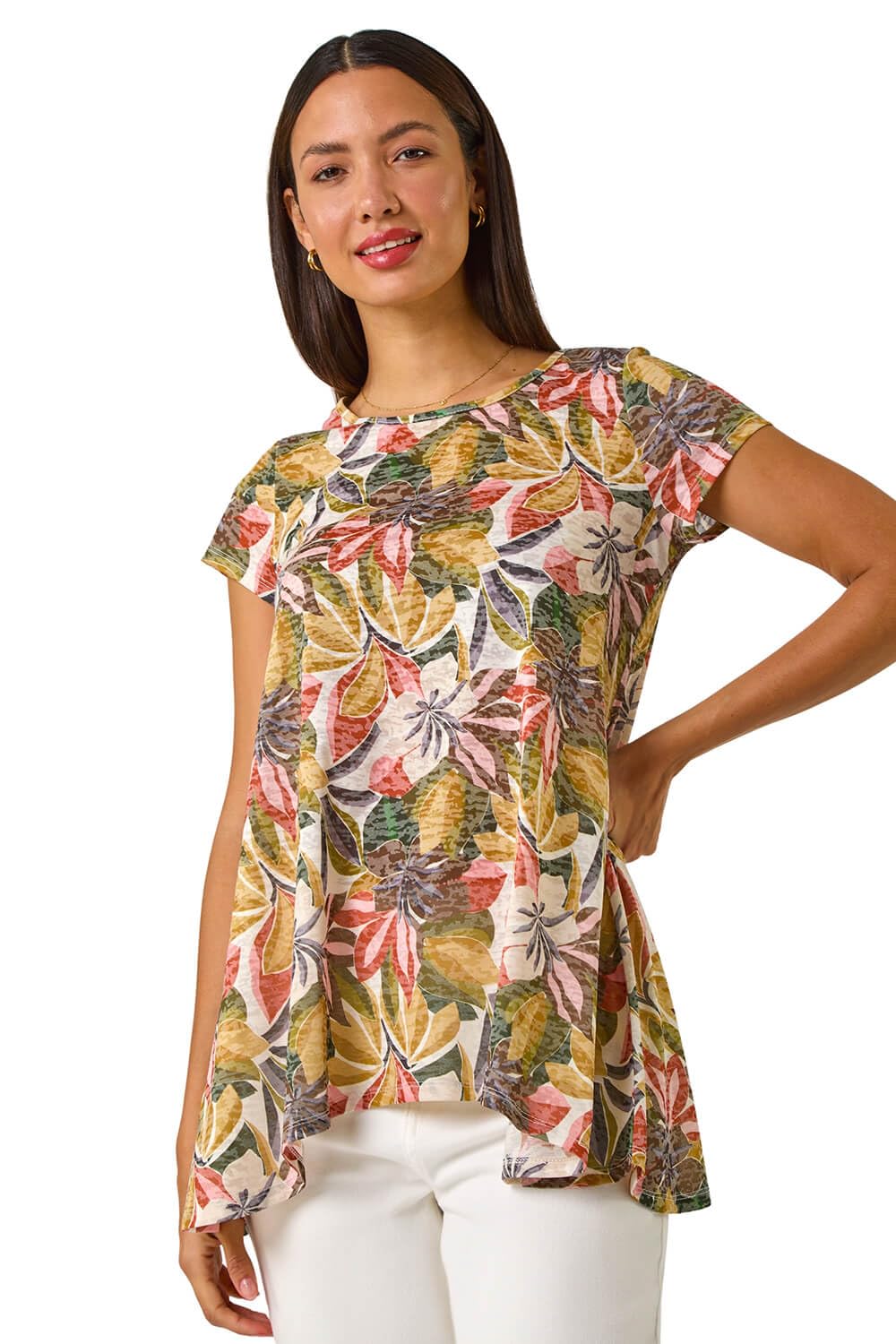 Roman Originals Women's Green Multi Hanky Hem Tunic Top For Uk - Longline Blouse Asymmetric Hemline Short Sleeves Casual Slouch Loose Summer Spring Relaxed Comfortable - Size 12