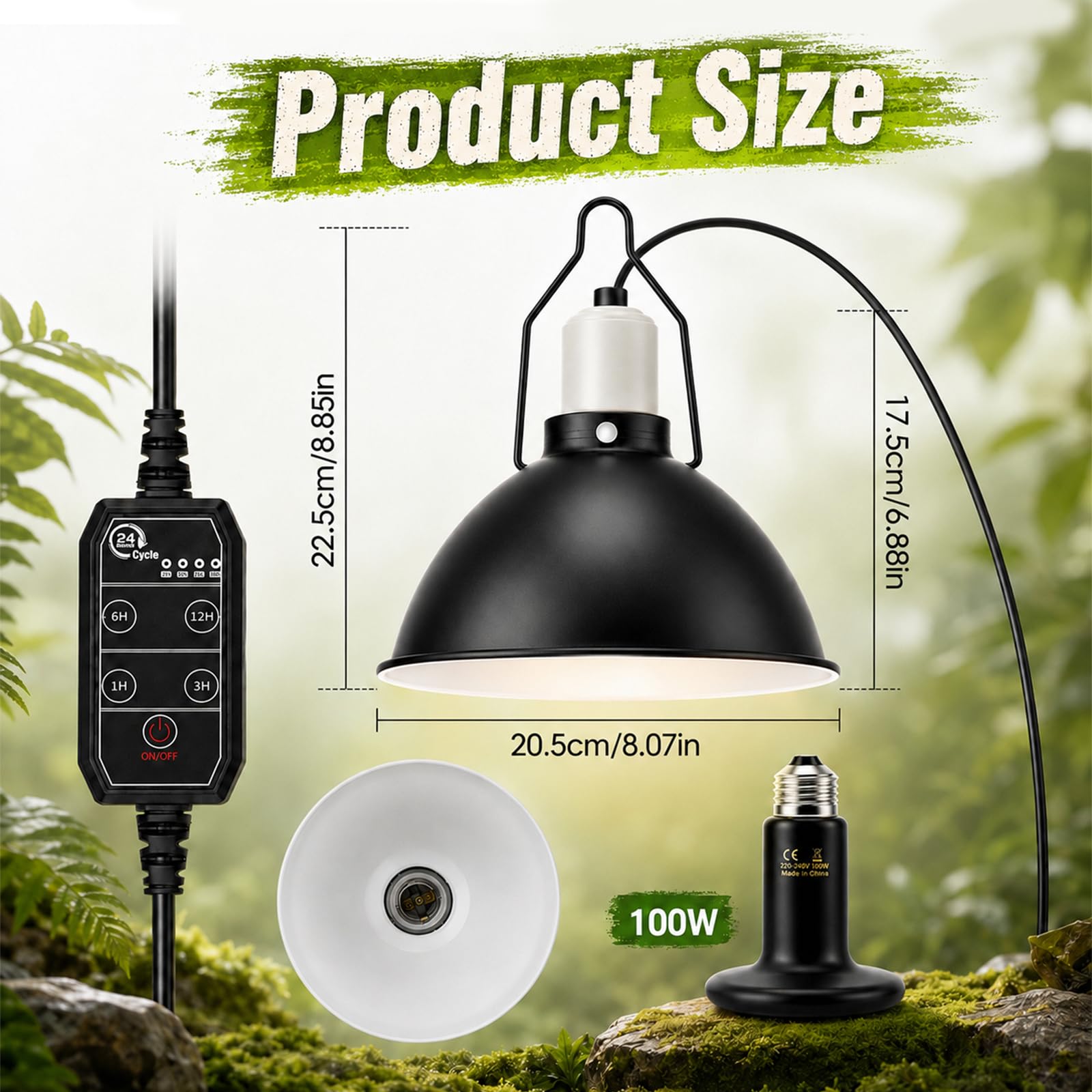 Rettile Lampada Riscaldante con 100W E27 Lampadina e 4 Timer, Diametro 21cm