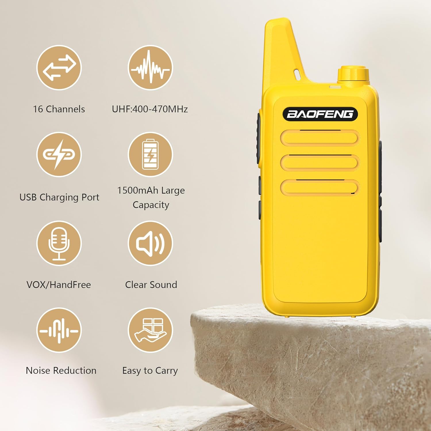 BAOFENG BF-T20D walkie talkie with key features highlighted