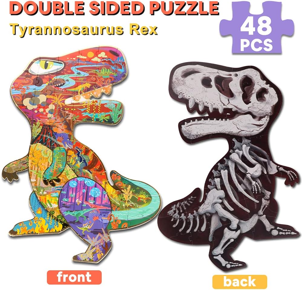 HAS Floor Puzzles for Ages Kids 4-10, 48 PCS Double-Sided Dinosaur Puzzles, Unique Large Pieces Irregular Shape Jigsaw Puzzle for Children(T-Rex)